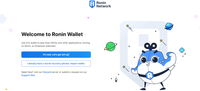 Trang chào mừng đến với ví Ronin khi tạo ví 
